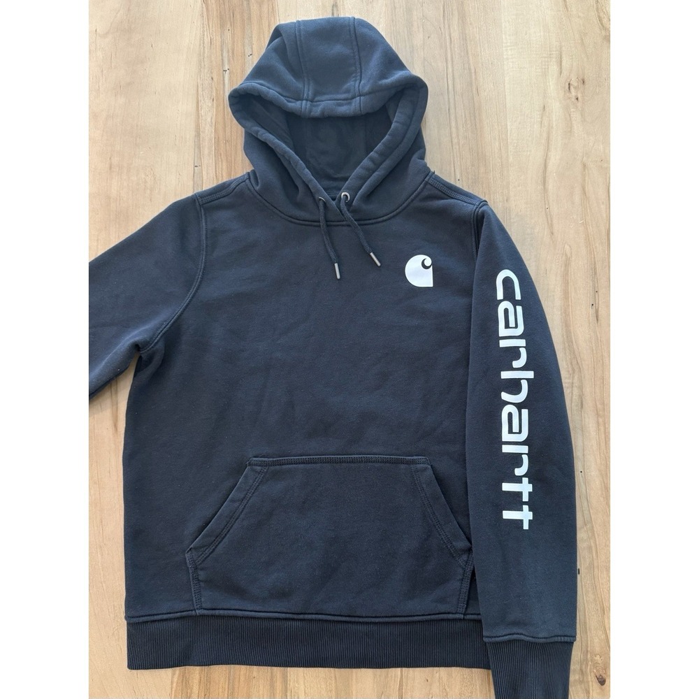 Womens Carhartt Size Large 12-14 Logo Sleeve Hoodie Black Relaxed Fit Sweatshirt - Picture 3 of 11